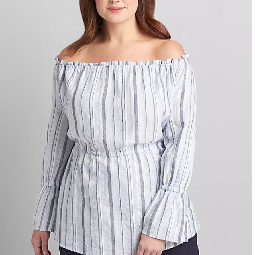 NWT Lane Bryant Linen Blend Off Shoulder Top in Blue, Silver, White - Size 14/16 - Picture 1 of 12